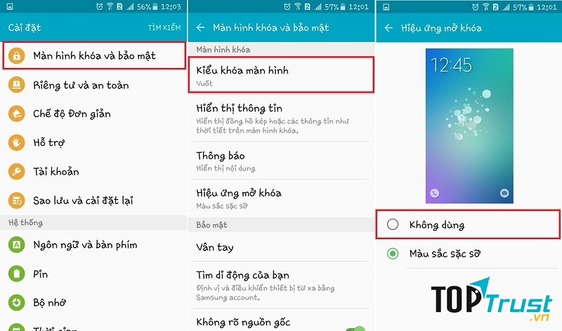 Tắt hiệu ứng màn hình khoá