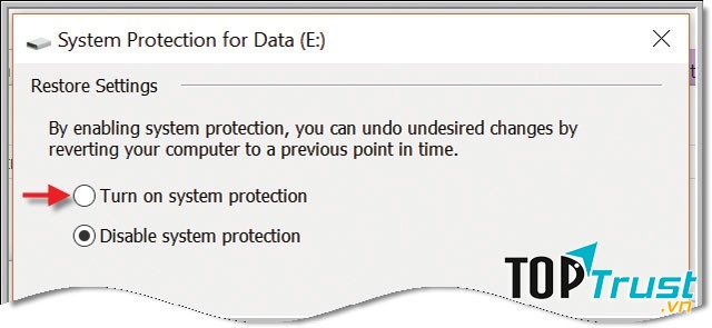 Chọn Disable để tắt chức năng System Restore