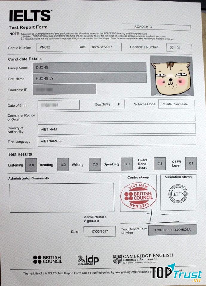 Kết quả thi IELTS các học trò của thầy Dương Chí Vinh