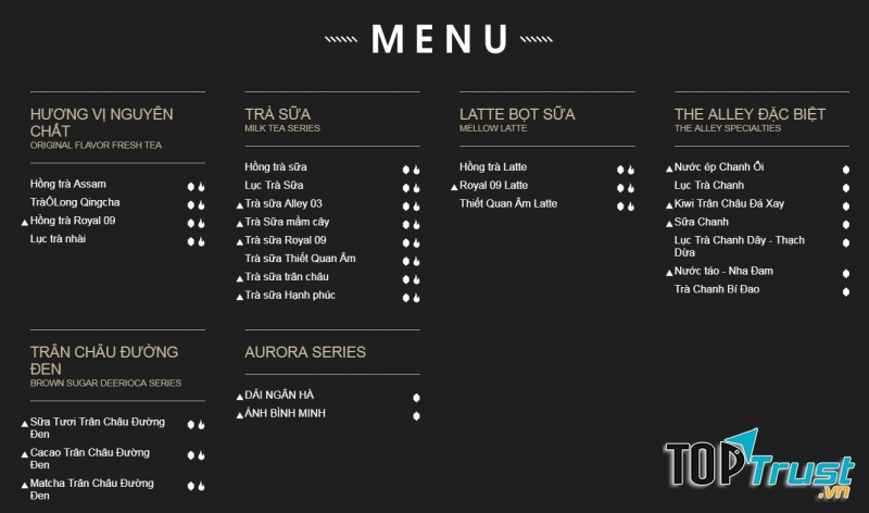 Menu The Alley, sữa tươi trân châu đường đen đang là món rất hot