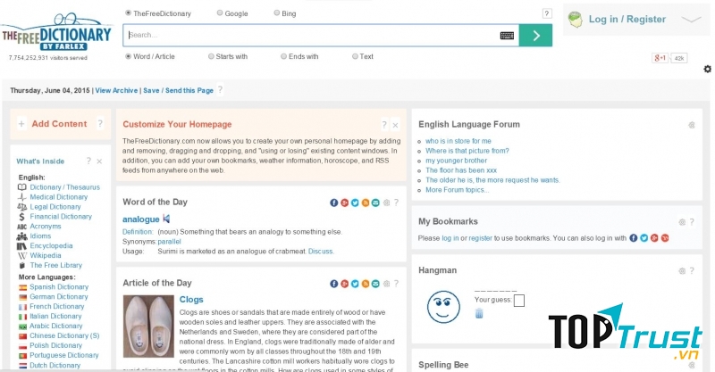 Nhìn có vẻ đơn giản nhưng giao diện của The Free Dictionary được thiết kế rất khoa học