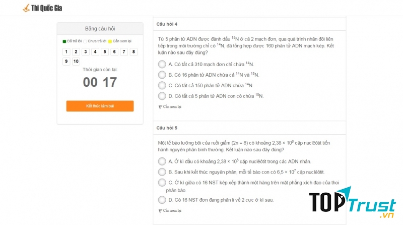 Giao diện các bài thi thử của Thiquocgia.vn
