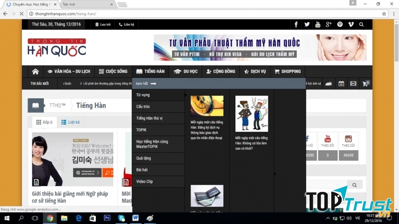 Giao diện của trang web Thông Tin Hàn Quốc