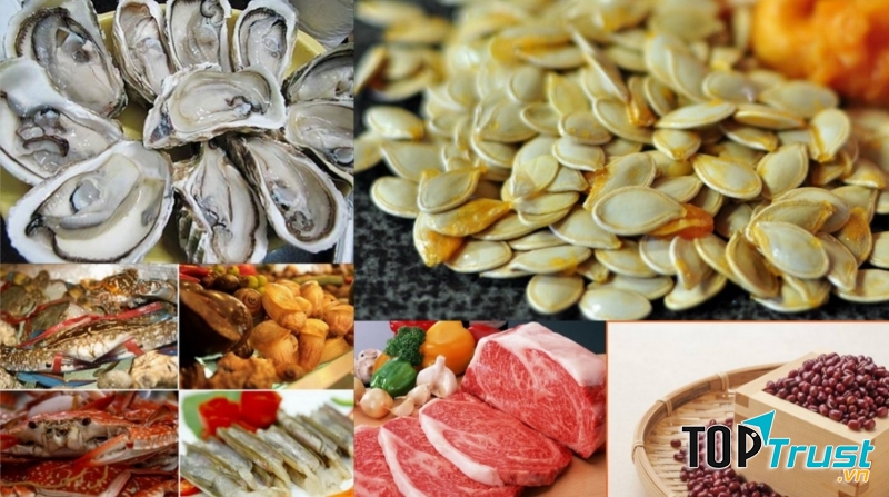 Thực phẩm chứa kẽm như trứng, sò biển, tôm, cá,...