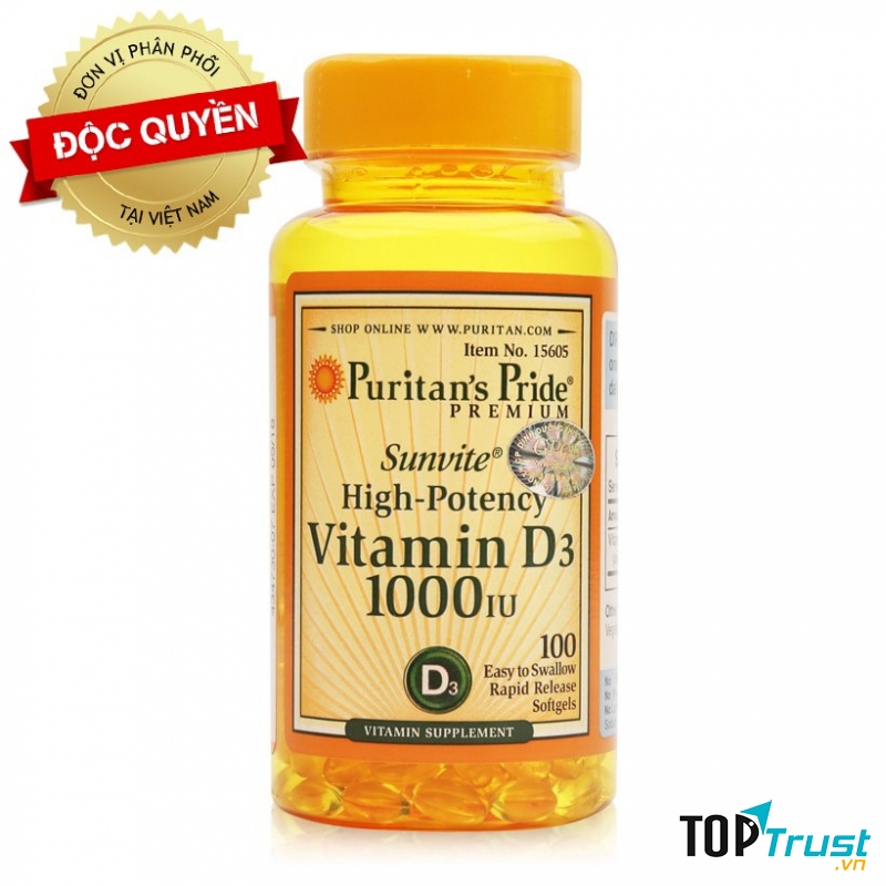 Viên uống bổ sung Vitamin D Puritan's Pride Sunvite High-Potency Vitamin D3 1000IU 100 viên: