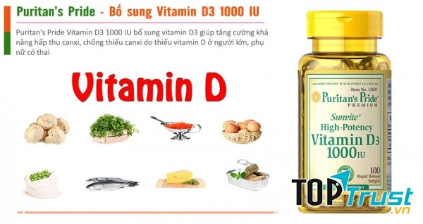 Viên uống bổ sung Vitamin D Puritan's Pride Sunvite High-Potency Vitamin D3 1000IU giúp bổ sung Vitamin D cho cơ thể, tăng khả năng hấp thu Canxi, chống thiếu Canxi do thiếu Vitamin D ở người lớn, phụ nữ có thai.