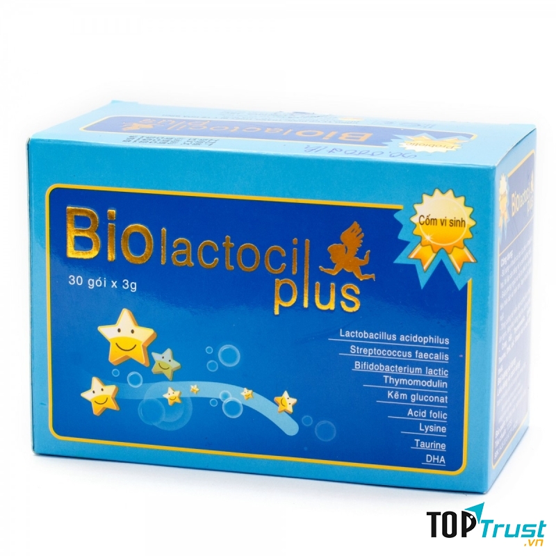 Cốm biolactocil plus - bổ sung lợi khuẩn đường ruột. Bổ sung vi khuẩn có ích, ức chế vi khuẩn có hại, tái lập cân bằng hệ vi sinh đường ruột.
