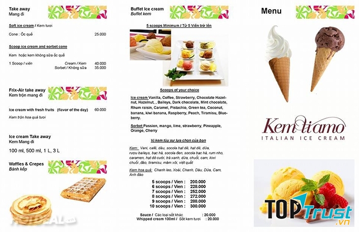 Menu kem Tiamo.