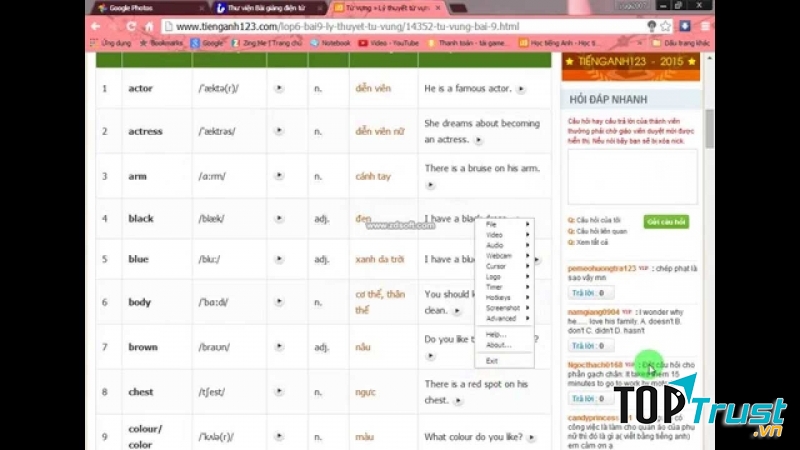 Hình ảnh bài học Tiếng Anh trên website Tienganh123