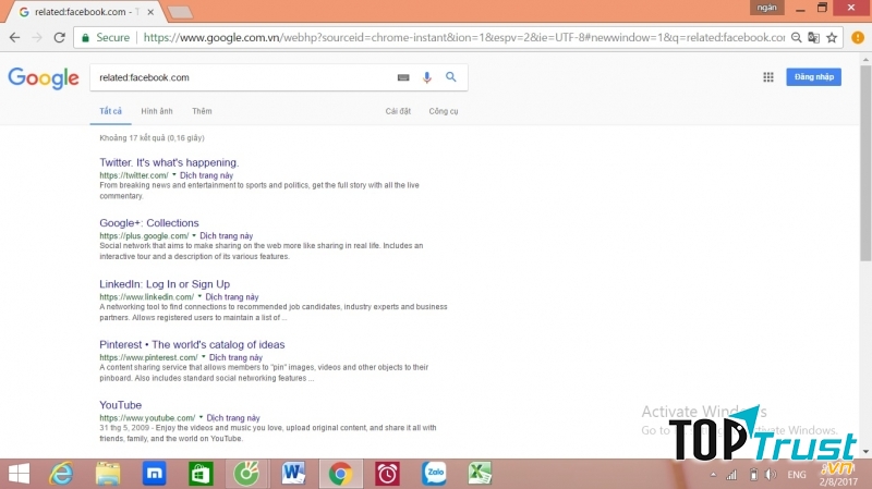 Tìm kiếm các trang web liên quan đến trang Facebook