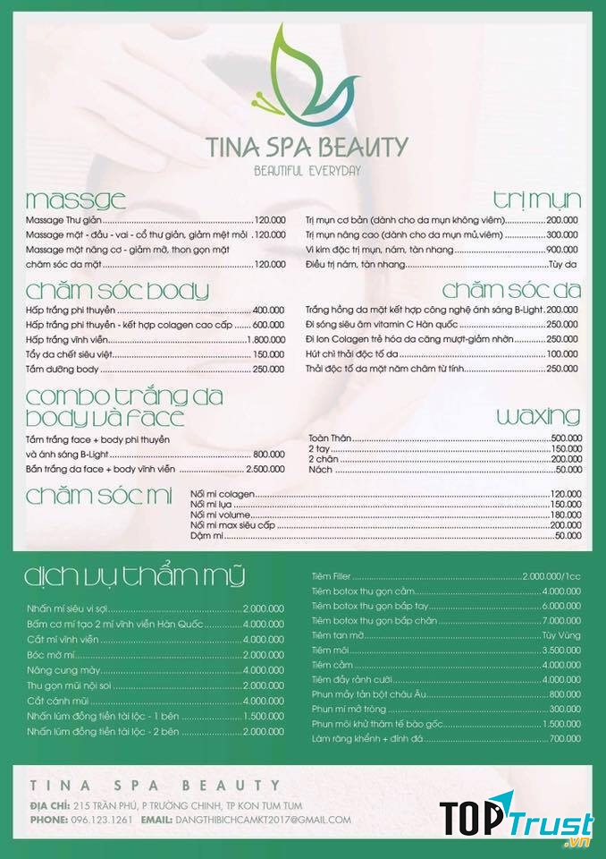 Bảng giá tại thẩm mỹ viện Tina Spa Beauty cho những ai cần tham khảo