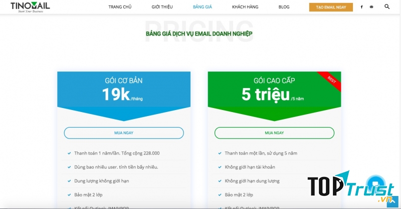 Bảng giá dịch vụ email doanh nghiệp TINOMAIL.COM