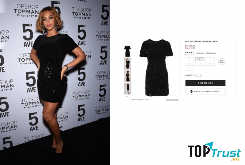 Beyoncé dự tiệc với chiếc váy bodycon lấp lánh sequins và đôi giày Topshop. Giá gốc của chiếc váy đậm chất lễ hội này là 68 Bảng Anh (~ 2,3 triệu VNĐ).