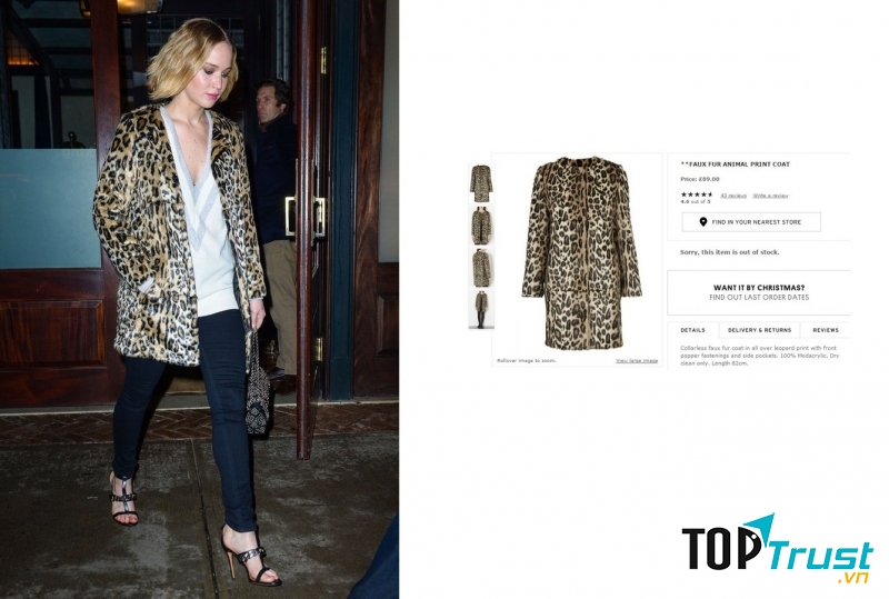 Chiếc áo khoác giả lông thú trông khá đắt tiền của Jennifer Lawrence là một thiết kế của Topshop được bán với giá 89 Bảng Anh (~ 3 triệu VNĐ)