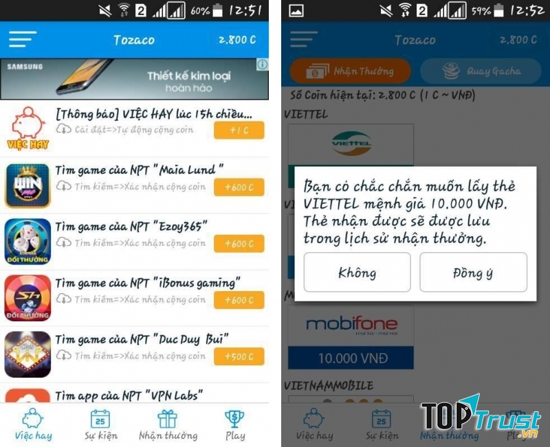 Giao diện của ứng dụng Tozaco