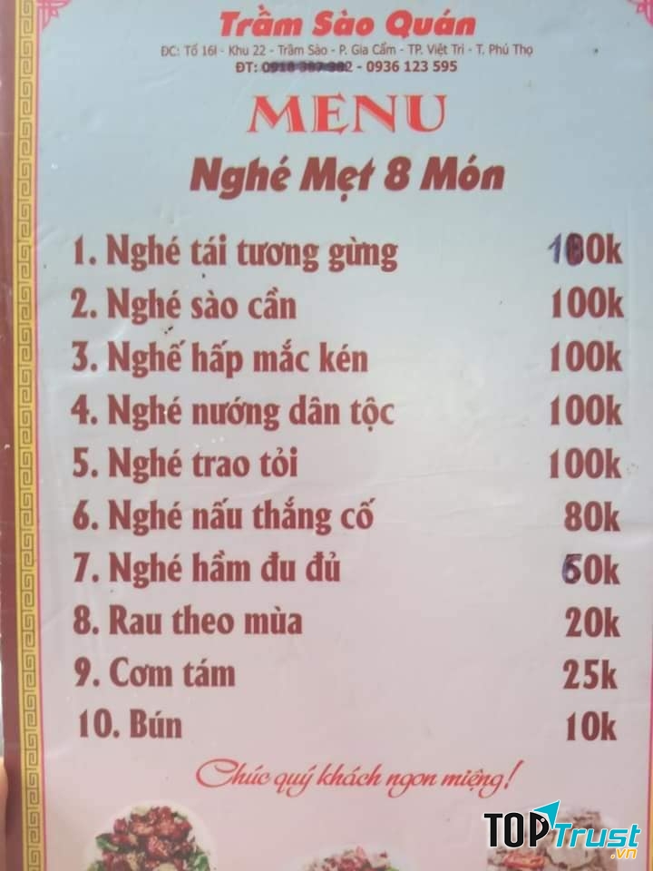 Menu của Trầm Sào Quán