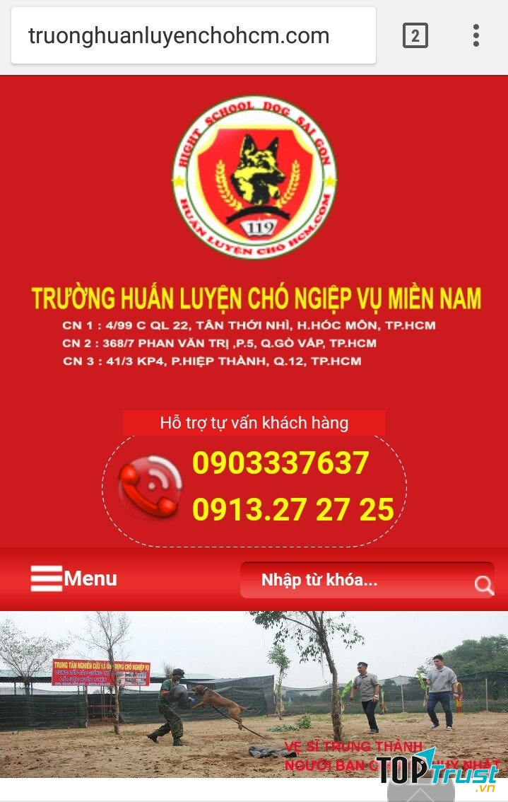 Trang website của trường huấn luyện chó nghiệp vụ miền Nam