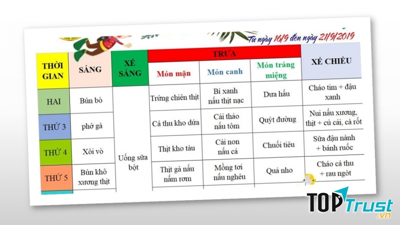 Thực đơn tham khảo