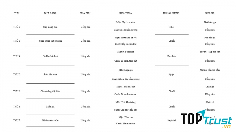 Thực đơn mẫu của trường