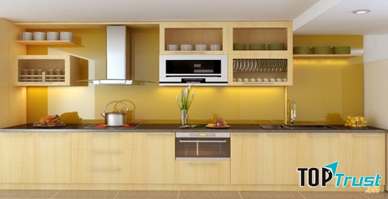 Tủ bếp hiện đại hình chữ I với gam màu tươi sáng