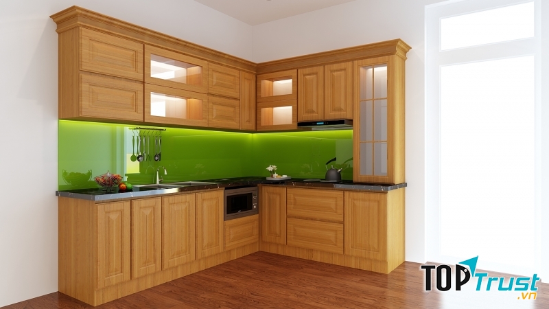 Tủ chữ L phối màu giữa gam xanh và nâu trông thật lạ mắt