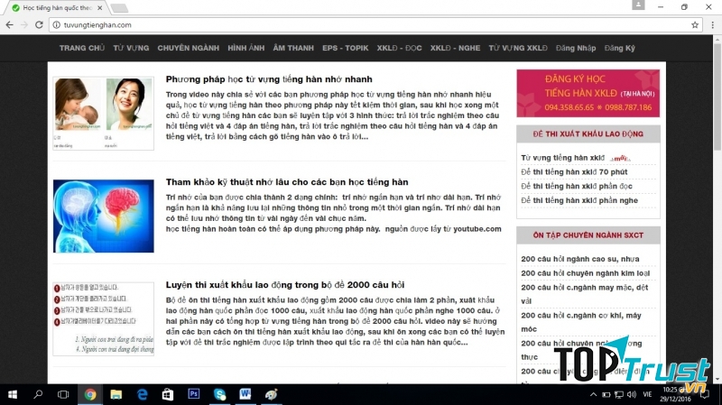 Giao diện của trang web Từ vựng tiếng Hàn