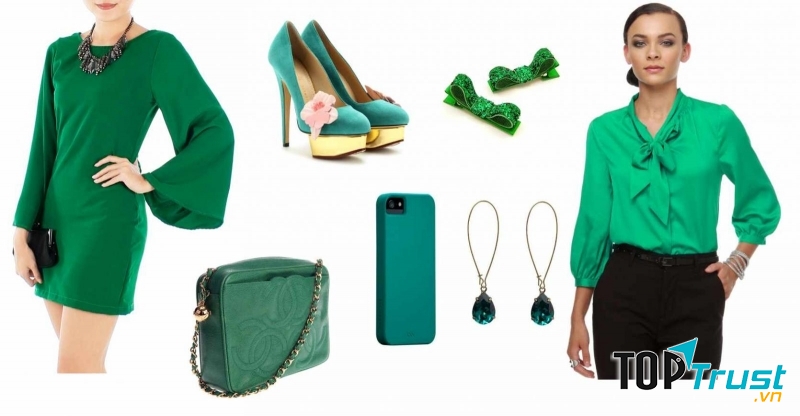 Bộ trang phục kèm phụ kiện màu xanh lá đậm phù hợp với người tuổi Tý