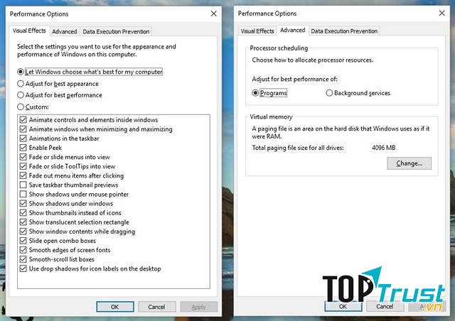 Chọn phần Adjust for best performance để giúp Windows 10 nhanh hơn