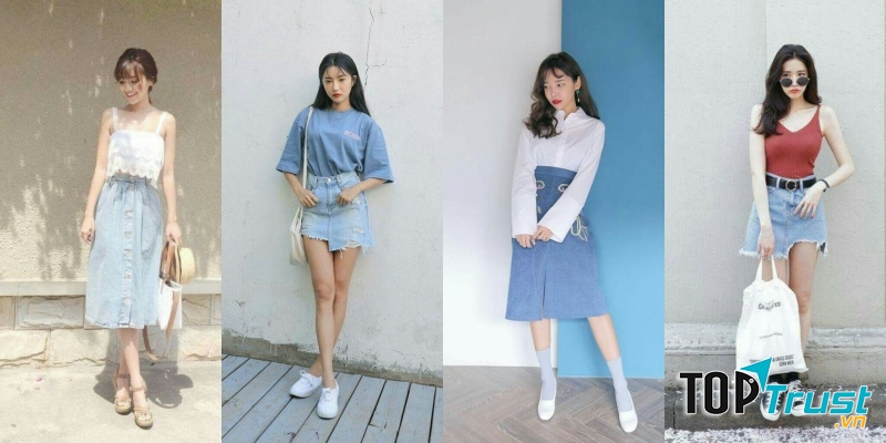 Váy jean dáng dài phối với áo hai dây ren quyến rũ (ảnh đầu tiên)