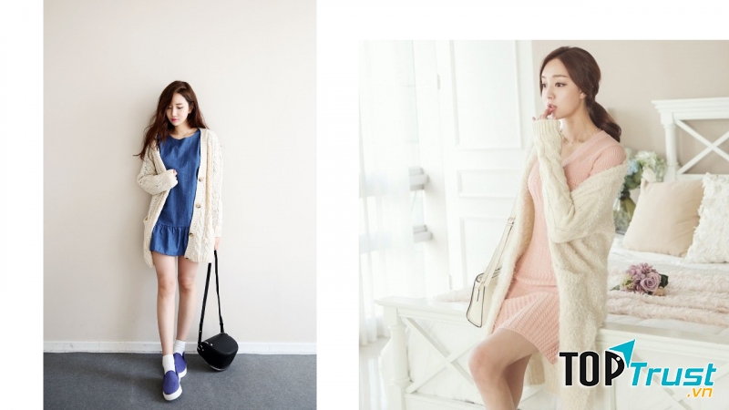 Cardigan kết hợp với váy liền tạo cảm giác nữ tính