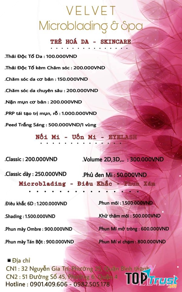 Bảng dịch vụ tại  ﻿Velvet Spa