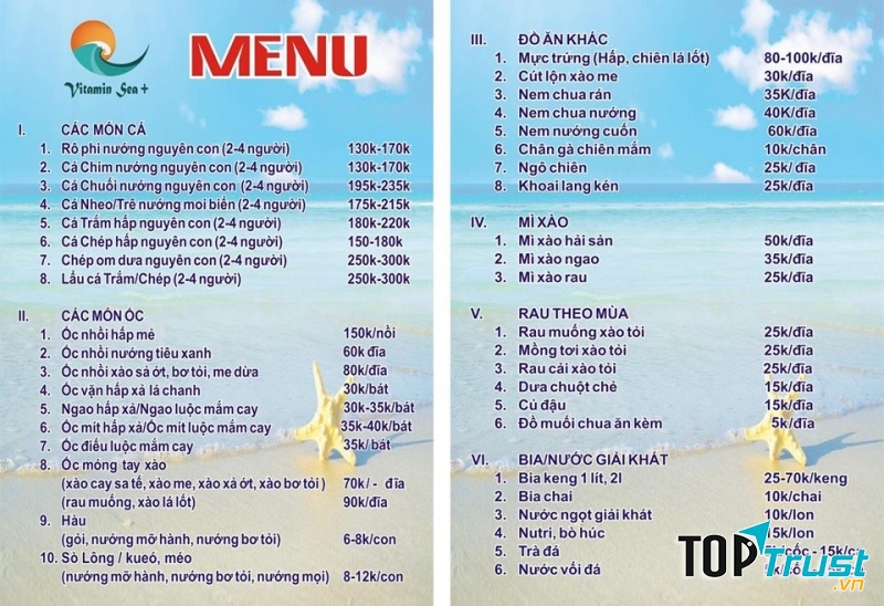 Menu các món ngon của quán