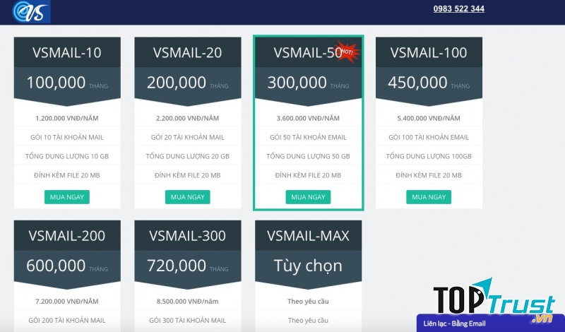 Bảng giá dịch vụ email doanh nghiệp VSMAIL.VN