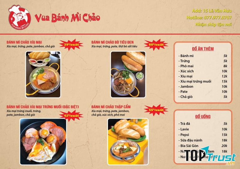 Menu tại Vua Bánh Mì Chảo