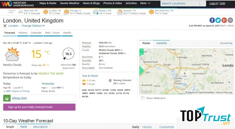 Giao diện của trang web thời tiết Weather Underground