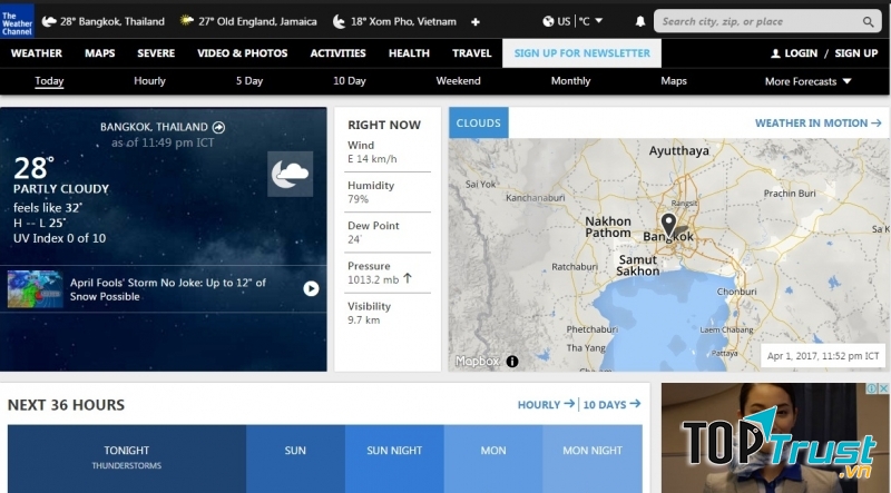 Giao diện của trang web thời tiết Weather.com