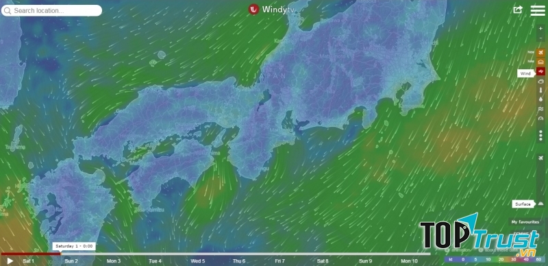 Giao diện của trang web thời tiết Windytv