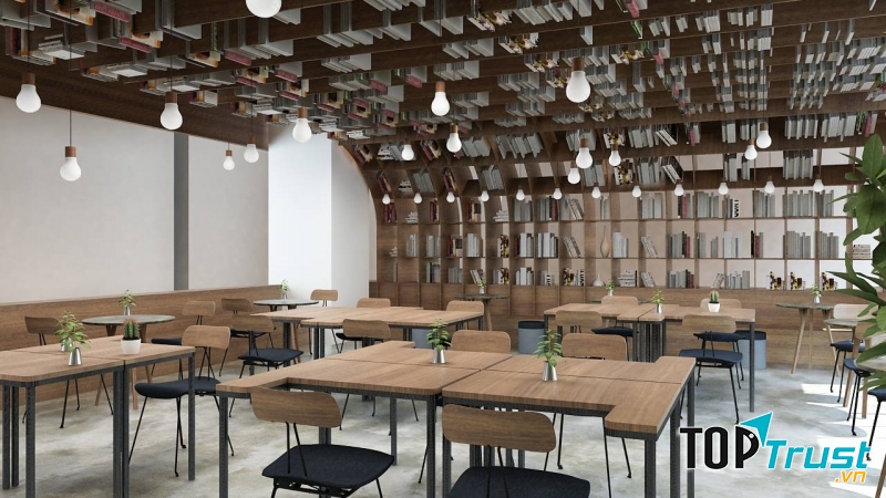 Không gian rộng rãi, thoáng của Work Cafe Hà Nội rất thích hợp cho công việc