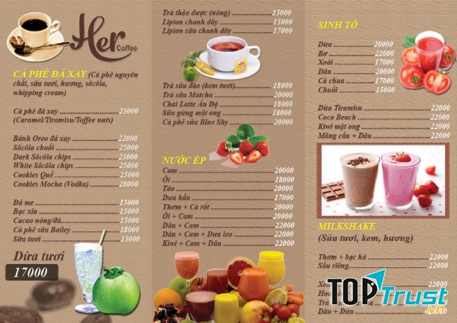 Thực đơn đa dạng của quán Her Coffee