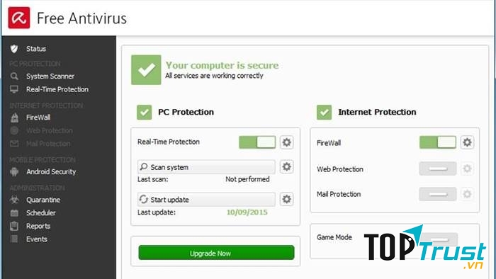 Giao diện với logo quen thuộc của Avira Free Antivirus