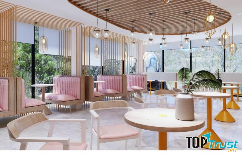 Quán chủ yếu sử dụng gam màu trung tính để trang trí, trong đó gam trắng là chủ đạo