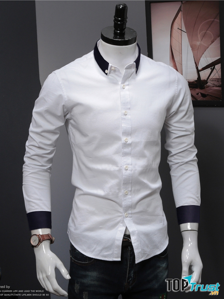 Áo sơ mi trắng viền xanh phối đẹp