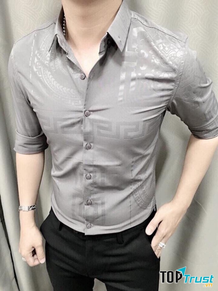 Áo sơ mi nam màu xám họa tiết hoa văn