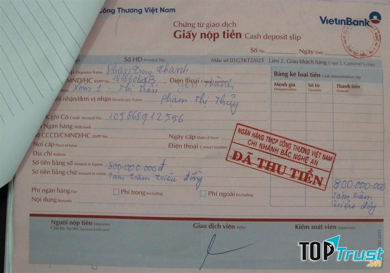 Biên lai nộp tiền của ngân hàng
