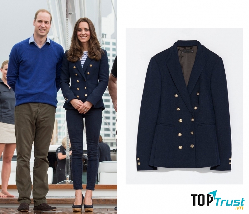 Công nương Kate Middleton đã mặc chiếc blazer hai hàng khuy của Zara trong chuyến thăm New Zealand cùng gia đình hoàng gia. Chiếc áo có giá 80 Bảng Anh (~ 2,6 triệu VNĐ)